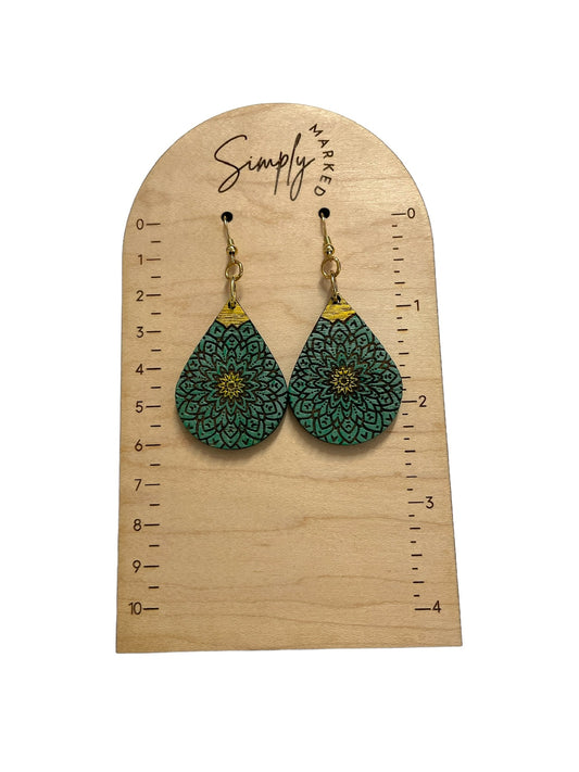 Green Mandela Wood Earrings