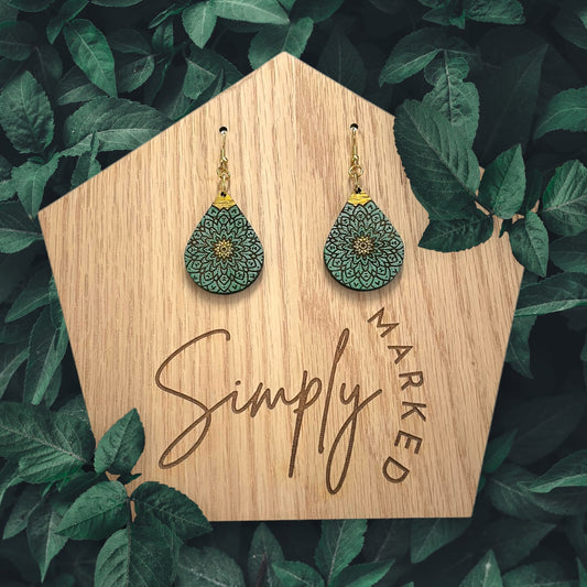 Green Mandela Wood Earrings