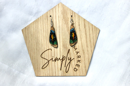 Seahorse Reverse Engraved Wood Drop Earrings