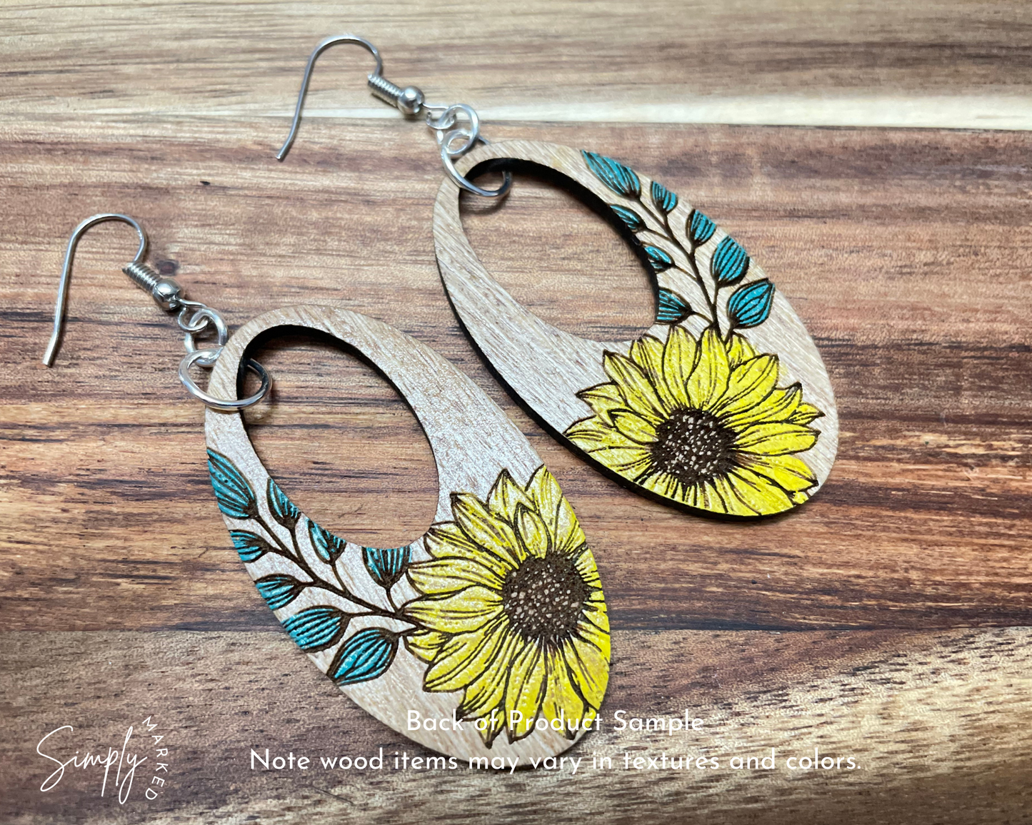 Sun Flower Oval Wood Earrings