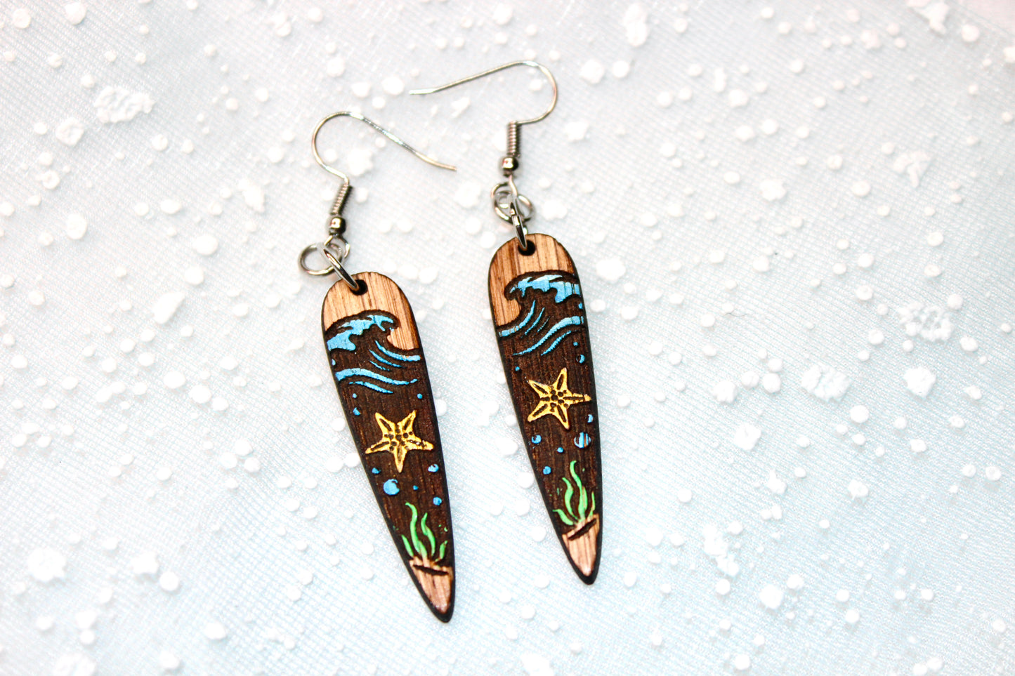Starfish Reverse Engraved Wood Drop Earrings
