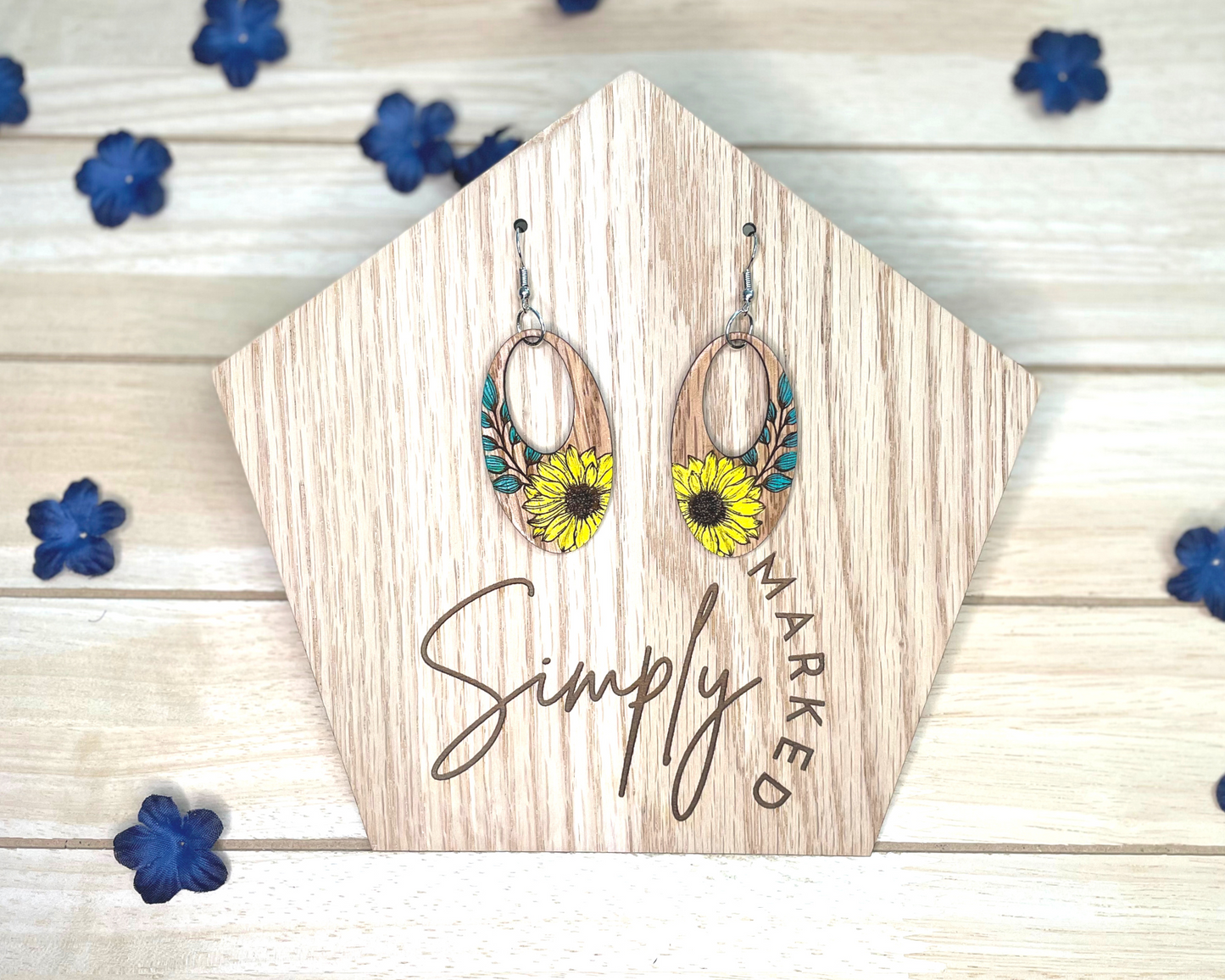 Sun Flower Oval Wood Earrings