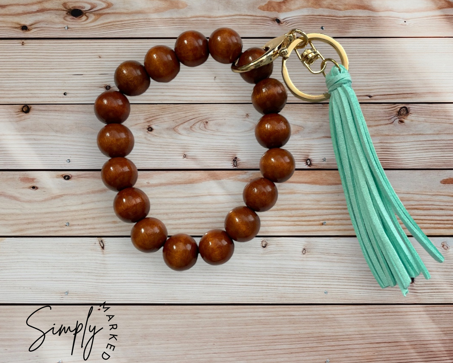 Wood Bead Wristlet with Mint Tassel