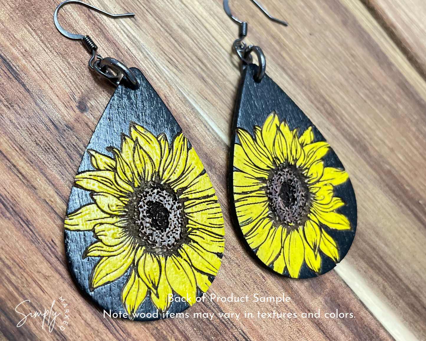 Sun Flower Teardrop Wood Earrings - Painted