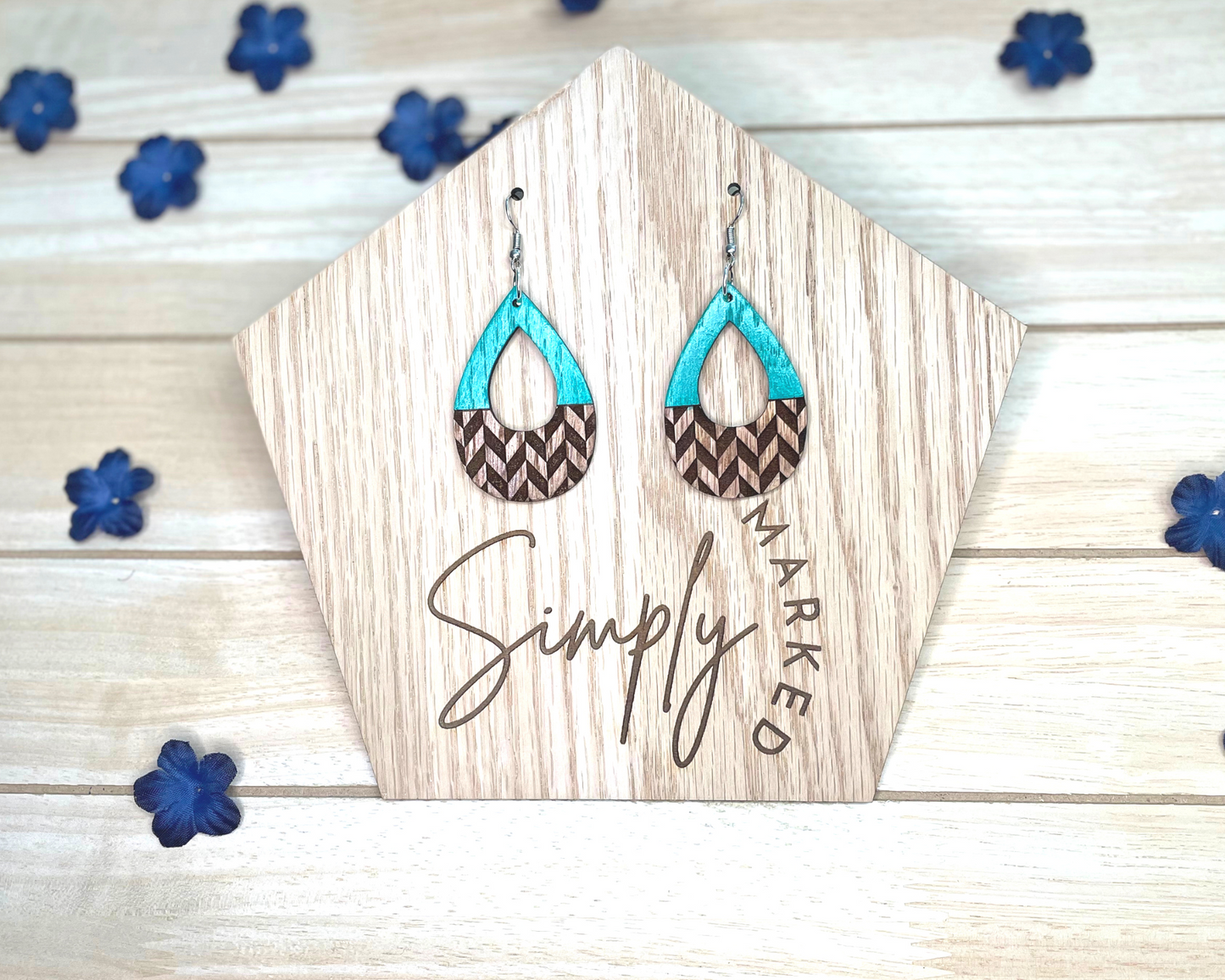 Shimmering Teal Chevron Wood Earrings
