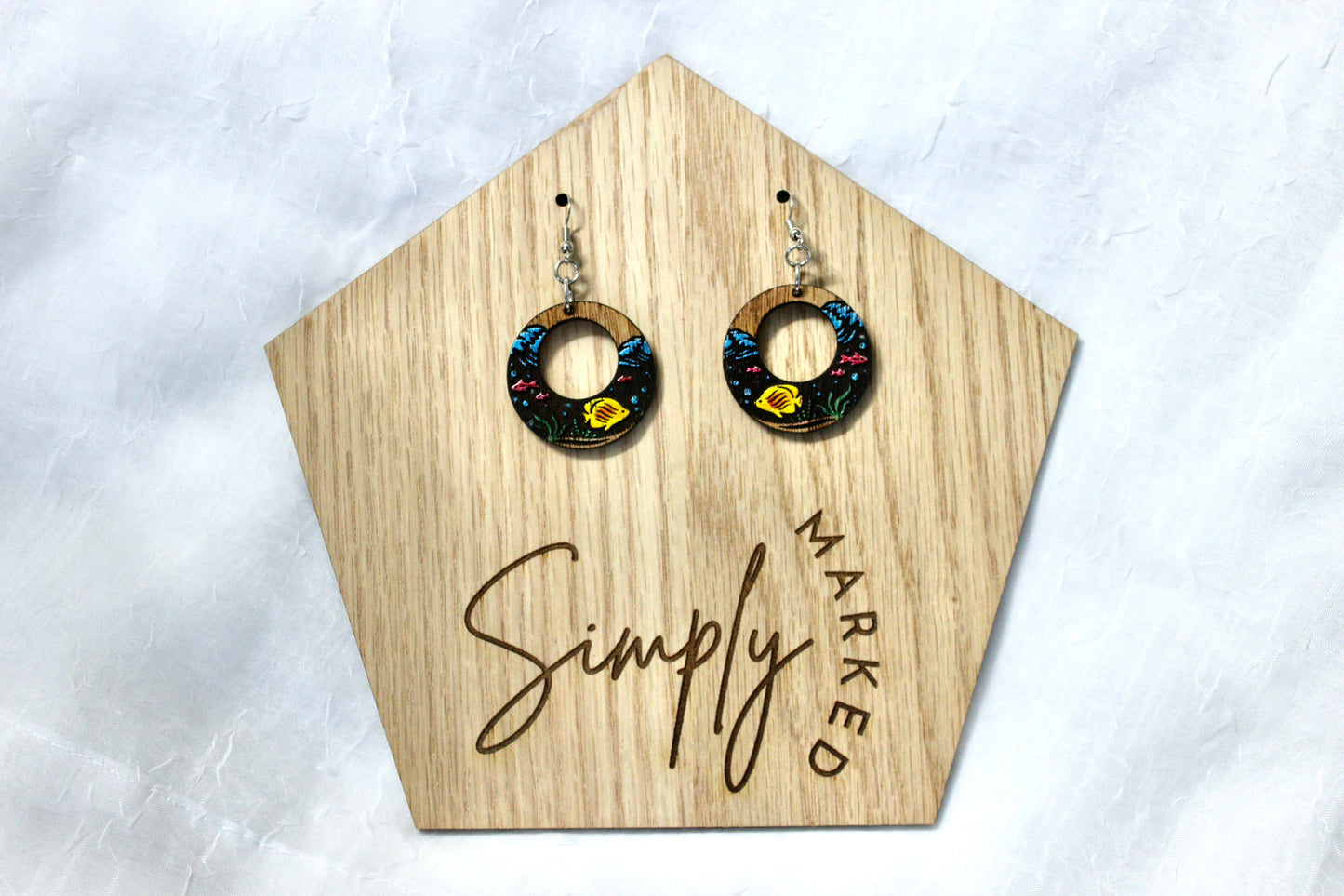 Fish Reverse Engraved Wood Drop Earrings