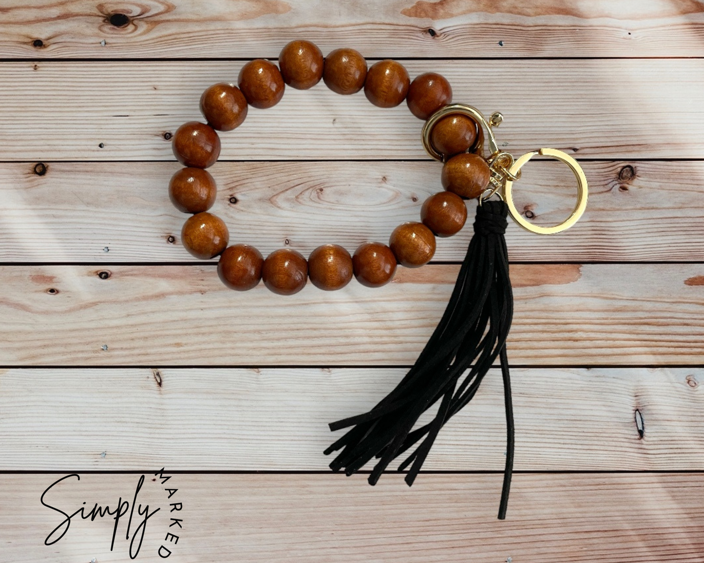 Wood Bead Wristlet with Black Tassel