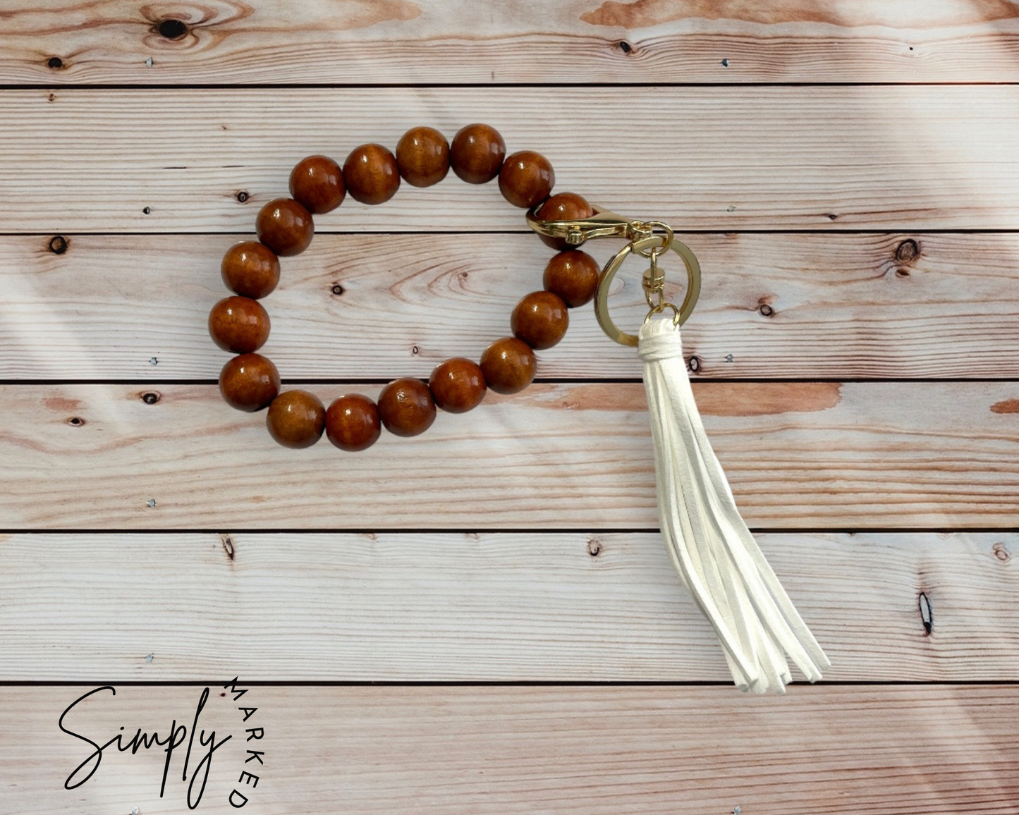 Wood Bead Wristlet with White Tassel
