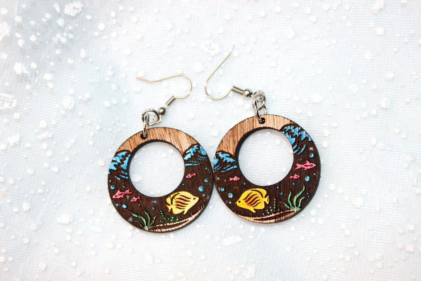 Fish Reverse Engraved Wood Drop Earrings
