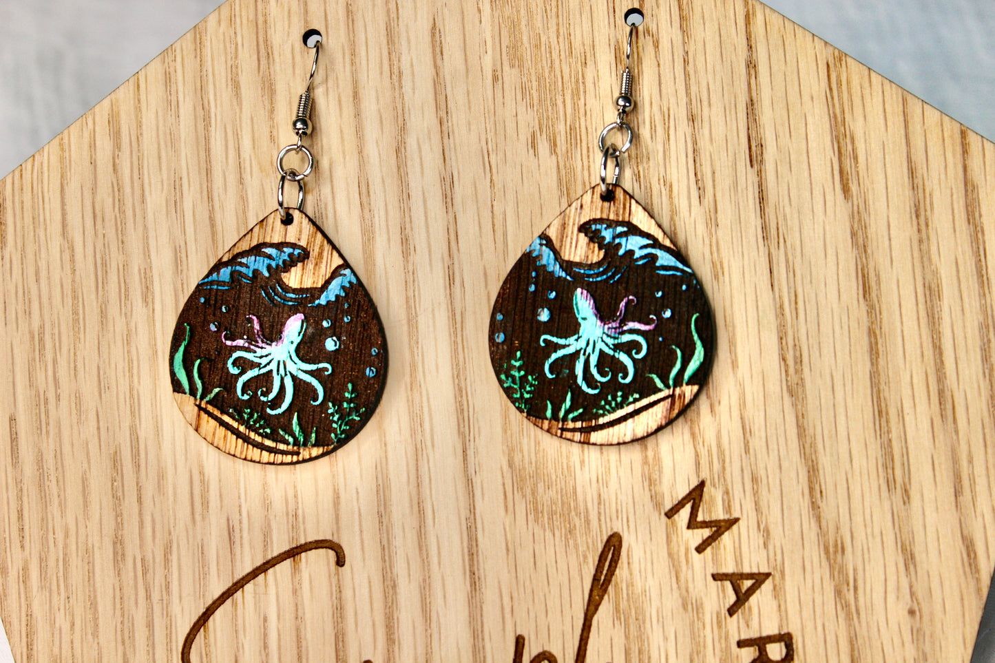 Octopus Reverse Engraved Wood Drop Earrings