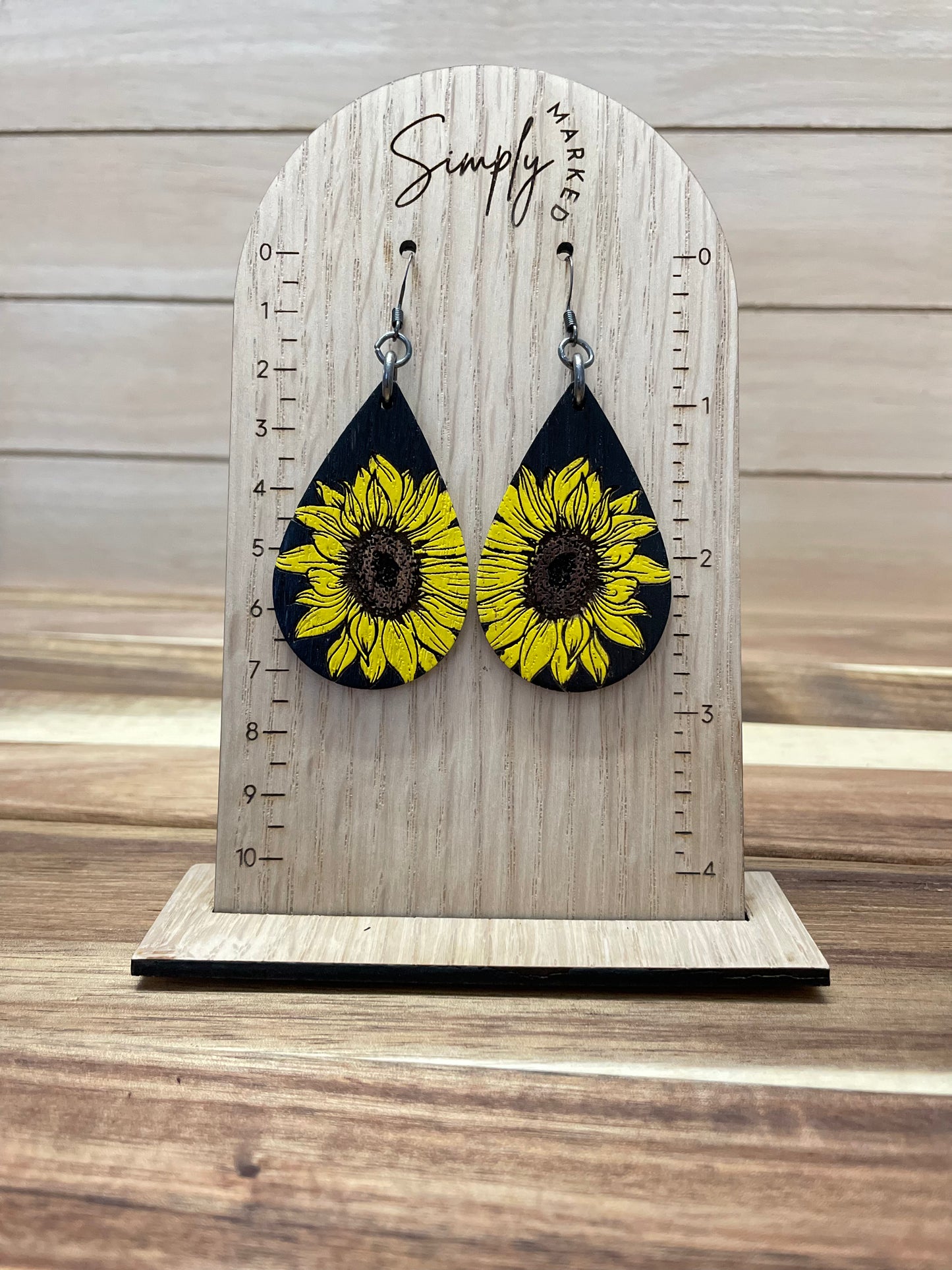 Sun Flower Teardrop Wood Earrings - Painted