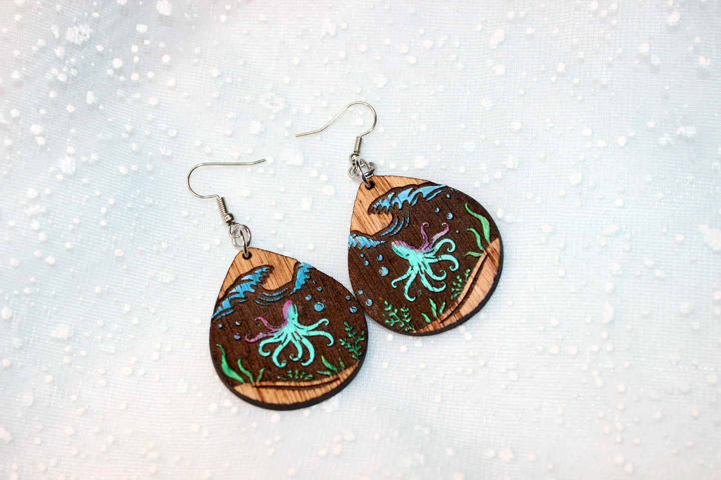 Octopus Reverse Engraved Wood Drop Earrings