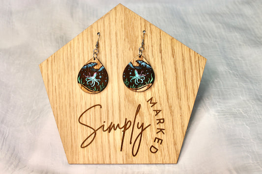 Octopus Reverse Engraved Wood Drop Earrings