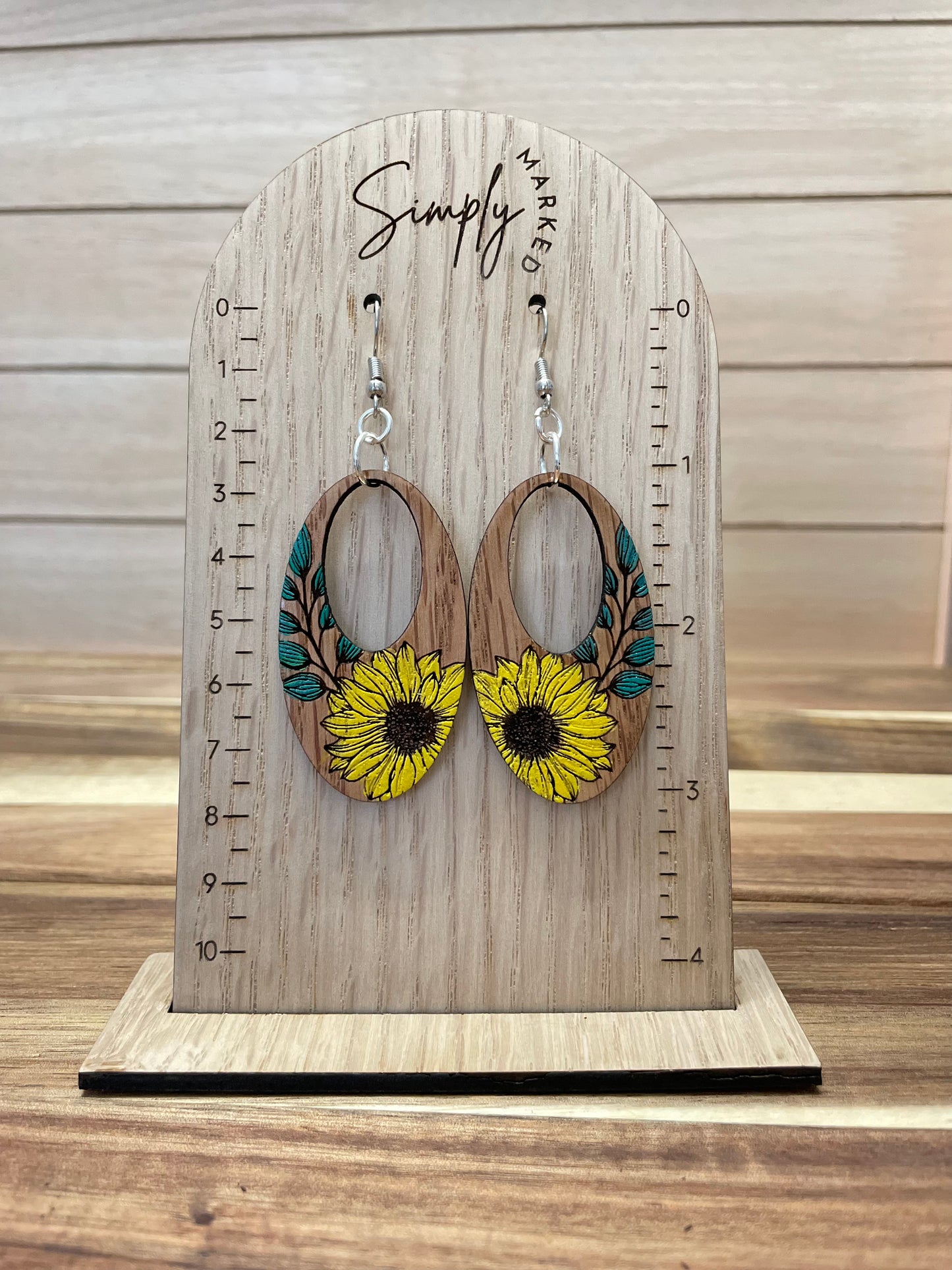 Sun Flower Oval Wood Earrings