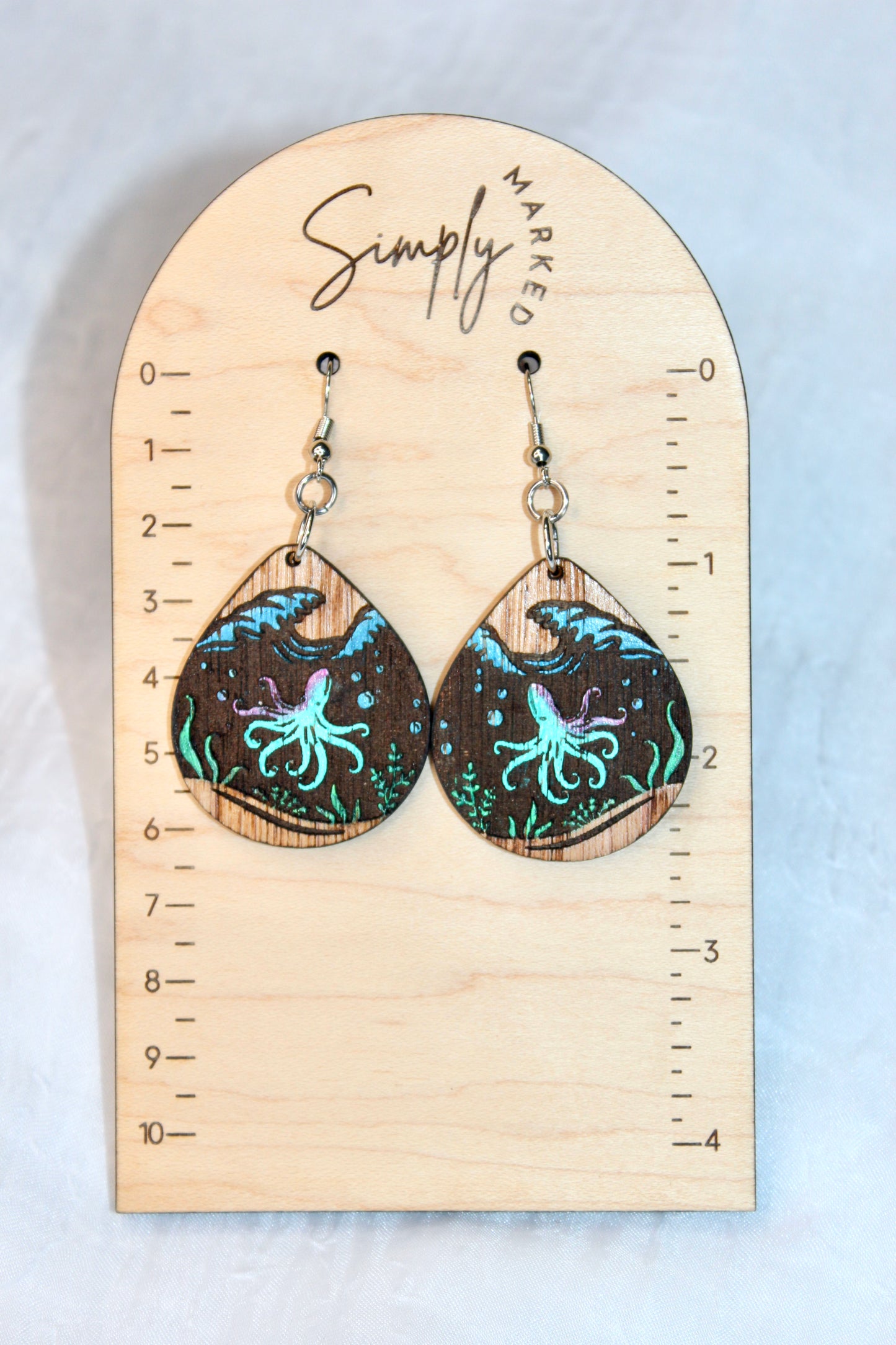 Octopus Reverse Engraved Wood Drop Earrings