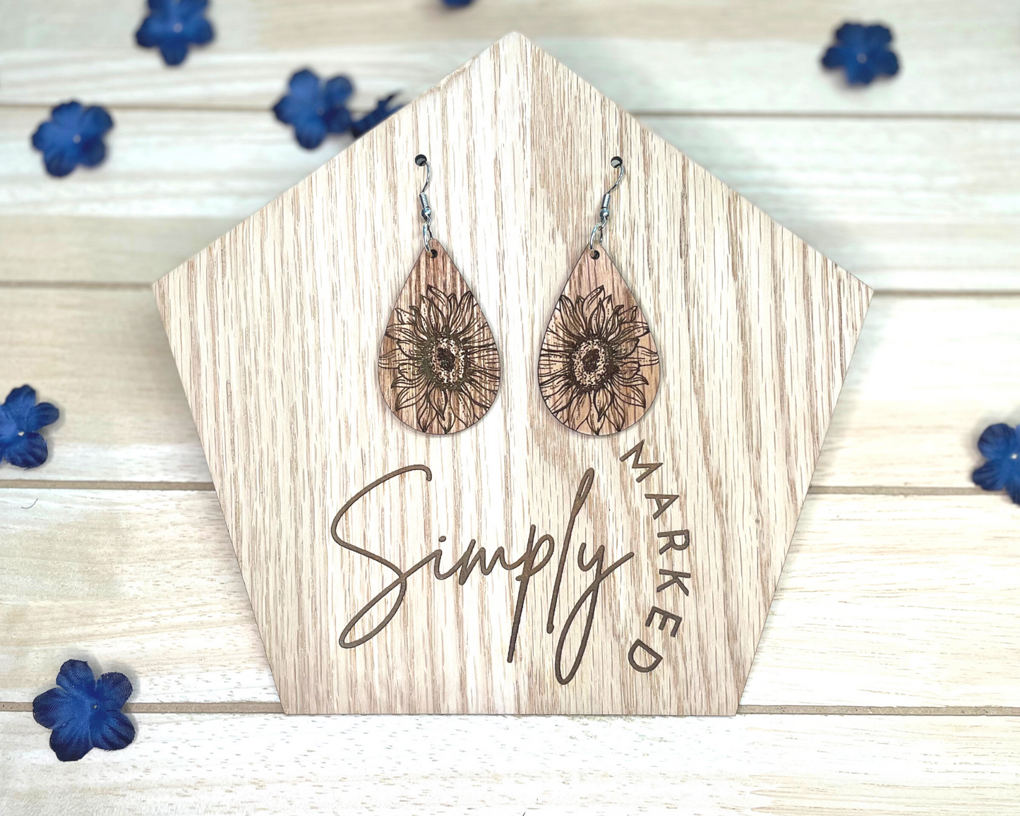 Sun Flower Teardrop Wood Earrings - Stained